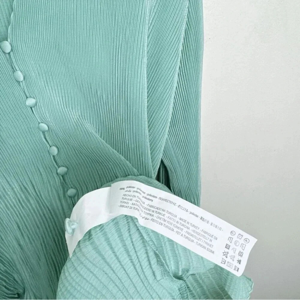 Zara Womens Size Small Pleated Green Button Blouse - Picture 11 of 14